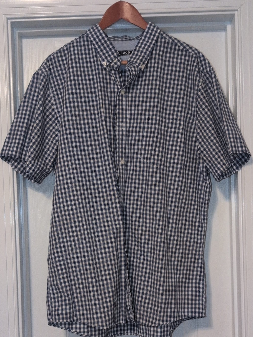 Izod Navy and White Plaid Short-Sleeve Button-Down Shirt